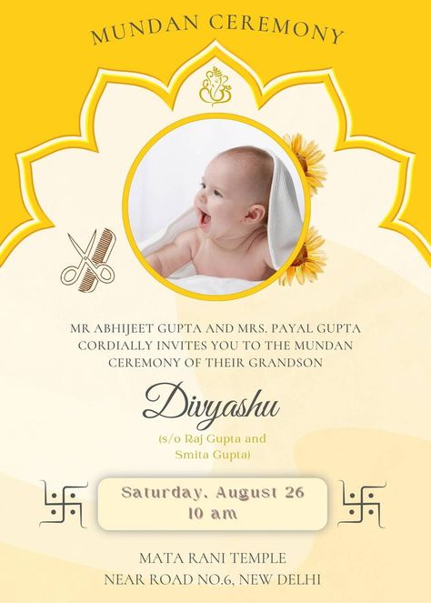 Mundan Invitation Card with Photo Mundan Invitation Card, Mundan Ceremony Invitation, Invitation Card With Photo, Mundan Ceremony, E Invitation, Ceremony Invitation, Card With Photo, Child Photo, Hindu Rituals