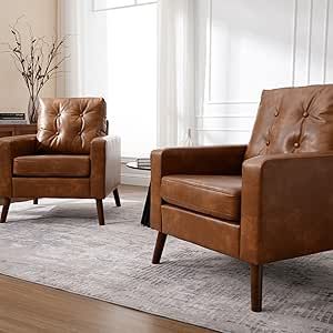 Wahson Set of 2 PU Accent Arm Chair with Tufted Back, Faux Leather Comfy Upholstered Single Sofa, Mid Century Modern Side Club Chair with Wood Legs for Reading/Living Room/Bedroom/Adults, Caramel Caramel Living Room, Sofa Mid Century Modern, Reading Living Room, Sofa Mid Century, Sofa Modern, Mid Century Modern Sofa, Red Hill, Adult Bedroom, Living Room Chair