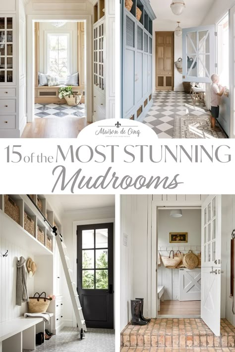 15 Gorgeous Laundry Room & Mudroom Ideas French Farmhouse Mudroom, Cool Laundry Room Floors, French Modern Laundry Room, Pool Mudroom Entryway, Mudroom Laundry Room Half Bath Ideas, Mud Room Laundry Room Flooring, Farmhouse Mudroom Flooring, French Country Mudroom Entryway, Mudroom Tiles Ideas