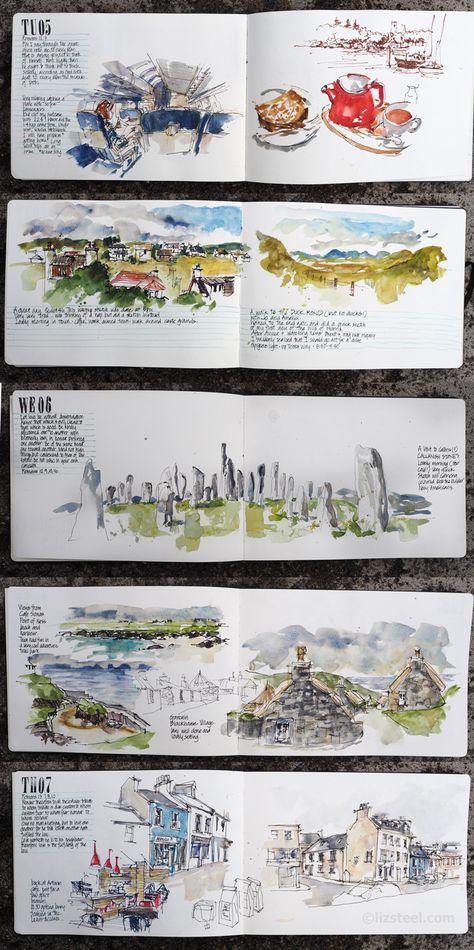 Liz Steel, Isle Of Lewis, Travel Art Journal, Travel Sketchbook, Sketch Journal, Travel Drawing, Watercolor Journal, Travel Sketches, Sketchbook Art Journal