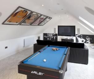 Loft conversion games room Loft Conversion Games Room, Attic Game Room, Attic Man Cave, Loft Conversion Design, Decorating Games, Slate Pool, Basement Game, Hockey Table, Billiards Table