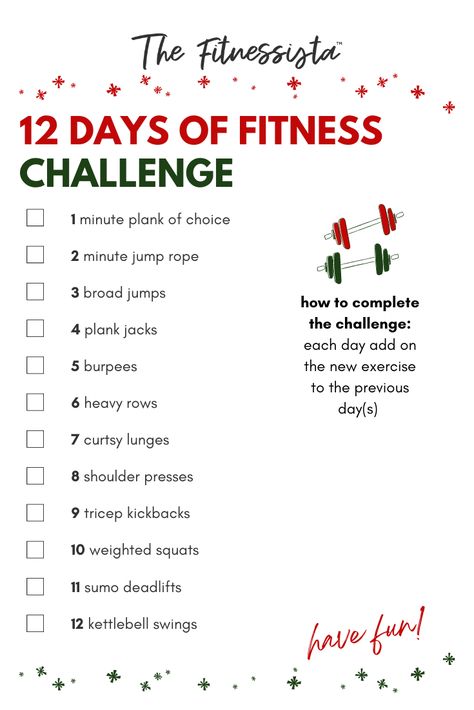 Sharing a build-a-workout combo, inspired by the 12 Days of Christmas Song. This 12 days of fitness challenge is short and sweet, and a fun way to add a little holiday cheer and extra challenge to your workouts for the next 12 days or any time you feel in the holiday workout mode! | At-Home Workout | The Fitnessista Christmas Workout Challenge, 12 Days Of Christmas Song, Mini Workout, Challenge Fitness, Christmas Workout, Tricep Kickback, Plank Jacks, Weighted Squats, Holiday Workout