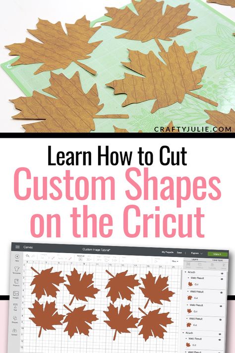 Learn how to cut custom images and shapes on the Cricut.  Get a free leaf template to follow along and practice how to upload your own shapes for Cricut projects. #cricut #cutcustomshape #craftyjulie via @craftyjulienow Maple Leaf Template, Construction Paper Flowers, Fall Leaf Template, Canada Day Crafts, Circuit Maker, Felt Templates, Custom Scrapbook, Cricut Inspiration, Maker Ideas