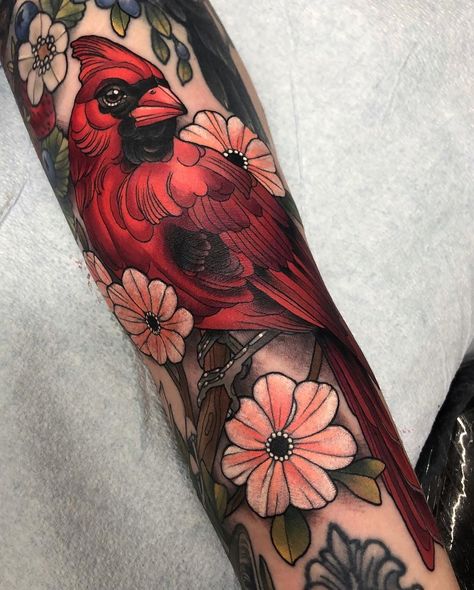 5,222 Likes, 49 Comments - Arielle Gagnon (@mermaidsketches) on Instagram: “Cardinal ♥️ To fill a gap in Marianne’s sleeve. Coming along nicely!” Garden Design Tattoo, Cardinal Sleeve Tattoos For Women, Neotraditional Cardinal, Cardinal Bird Tattoos, Red Cardinal Tattoos, Red Bird Tattoos, Cardinal Tattoo, Cardinal Tattoos, Thigh Sleeve