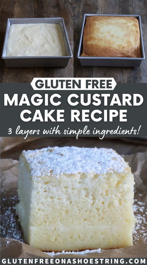 Gluten Free Custard, Magic Custard Cake Recipe, Glutenfri Baking, Custard Cake Recipes, Magic Custard Cake, Gluten Free Cake Recipe, Easy Gluten Free Desserts, Custard Cake, Vanilla Sponge