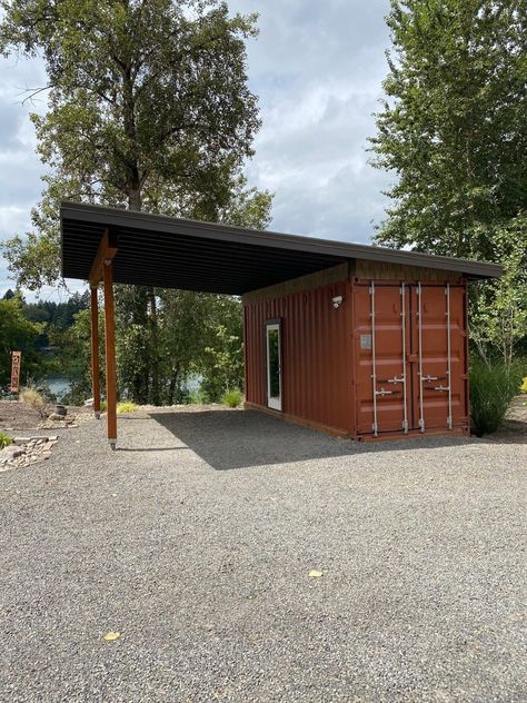 This shipping container carport provides storage and a parking space. It can be delivered to Oregon & Washington. Shipping Container Carport Garage, Lean To On Shipping Container, Shipping Container With Carport, Roof Over Shipping Container, Storage Container Office Ideas, Storage Container Shop Ideas, Shipping Container For Storage, Shipping Container Garages, Shipping Container Garage Ideas