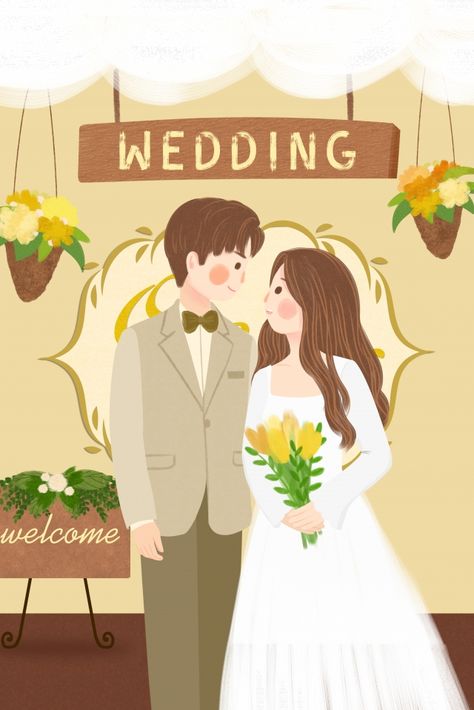 Wedding marriage scene bride and groom wedding illustration image Flower Basket Bouquet, Welcome Desk, Basket Bouquet, Lineless Art, Wedding Cartoon, Wedding Illustration Card, Couple Illustration Wedding, Wedding Couple Cartoon, Invitation Poster