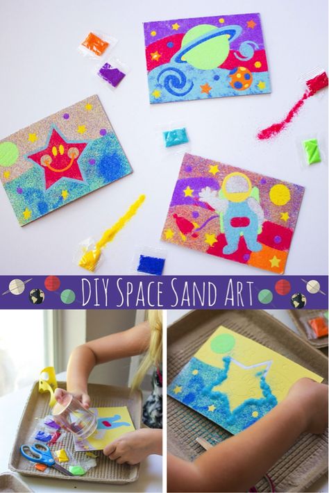 Kids will have galaxies of fun creating colorful space sand art! Explore more details from @designimprovised on our blog! Sand Art Kids, Sand Painting Art, Colored Sand Crafts, Sand Art For Kids, Colored Sand Art, Sand Art Crafts, Sand Art Projects, Kids Party Crafts, Kids Workshop