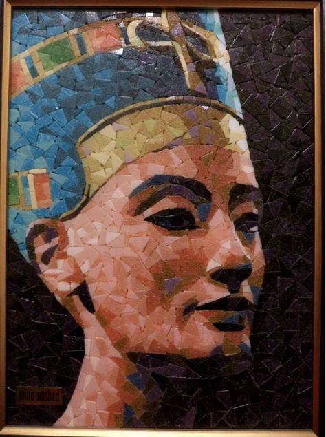 Queen Nefertiti by MinaNashed Nefertiti Painting, Egyptian Mosaic, Nefertiti Art, Mosaic On Wood, Portrait Mosaic, Mosaic Faces, Mosaic Portrait, Ancient Egypt Art, Queen Nefertiti