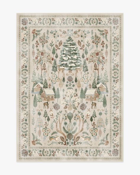 Step into a whimsical wonderland with our Juniper Neutral Multicolour Rug. This cottagecore-inspired tapestry design features pine trees, winter animals, log cabins, and pretty foliage. The warm neutral background is adorned with soft, vintage greens and reds, accented by pops of cream and gold. Water-resistant, stain-resistant, and machine-washable. Rug colours may vary slightly according to your device and the lighting in your space. Multicolor Rug, Holiday Rugs, Black White Rug, Ruggable Rug, Christmas Rugs, Whimsical Wonderland, 9x12 Area Rugs, Winter Animals, Log Cabins