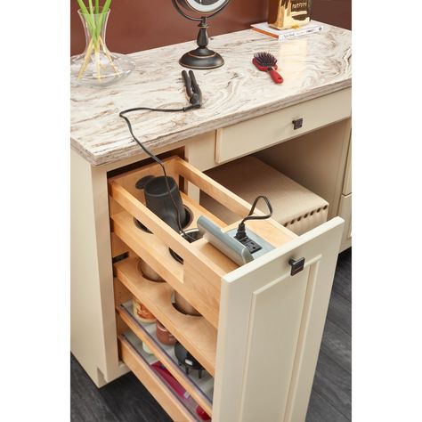 9" Vanity Outlet Pullout Grooming Organizer with Soft-Close Natural Maple Rev-A-Shelf 445-VBOSC-8C :: Image 20 Bathroom Vanity Storage, Bathroom Cabinetry, Rev A Shelf, Ideal Bathrooms, Bathroom Redesign, Curling Irons, Master Bath Remodel, Bathroom Redo, Bathroom Renos