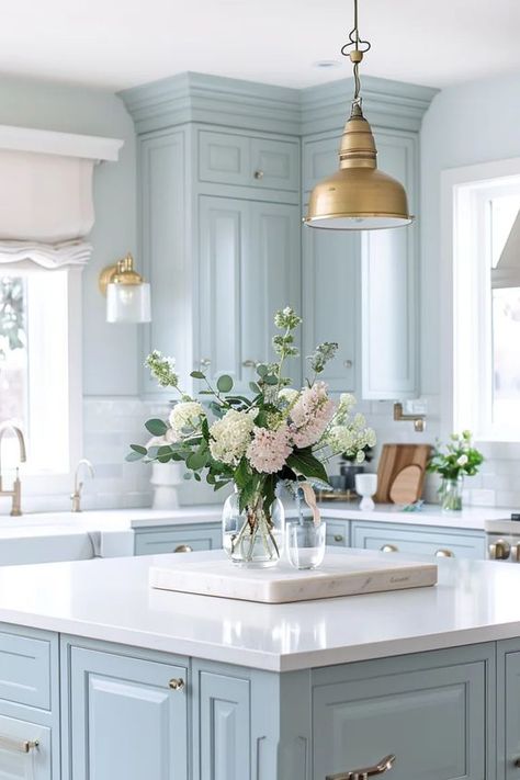 Emslifeandloves Coastal Kitchen Cabinets, Blue Kitchen Island, Light Blue Kitchens, Multifunctional Kitchen, Blue Kitchen Cabinets, Beach House Kitchens, French Country Kitchen, Coastal Kitchen, Blue Kitchen