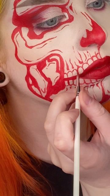 Leah Sapp on Instagram: "Here’s a super mini tutorial of this sparkly skull makeup look! The first tutorial I’ve filmed in my new set up 😭 let me know what you think! . Inspired by @melllani_ ❤️ . Contacts: @myeyebb_official blind red (use code “Sapp” for 20% off!) . Makeup details- Eyes: @profusion rituals palette (use code “sapplesauce666” for 20% off!$) @nyxcosmetics epic ink liner @tatti_lashes evolution lashes . Lips: @aboutfacebeauty matte fluid eye paint in scream of consciousness . Face Red Skeleton Makeup, Red Skull Makeup, Halloween Eye Contacts, Skull Makeup Look, Skull Face Painting, Matte Fluid Eye Paint, Skull Face Makeup, Skull Makeup Tutorial, Epic Ink Liner