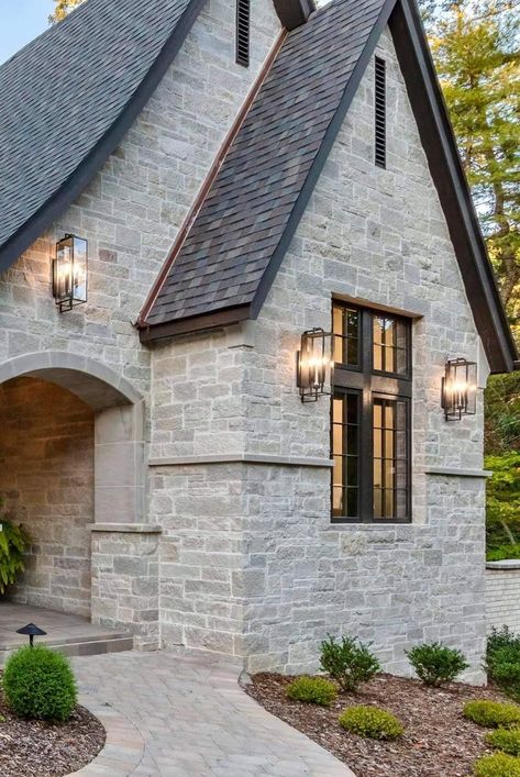 Exterior Roof Colors, Front Door Portico, Door Portico, Garage Front Door, Stone Exterior Houses, Willow House, Stone Exterior, Natural Stone Veneer, Cottage Exterior