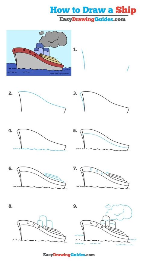 Learn How to Draw a Ship: Easy Step-by-Step Drawing Tutorial for Kids and Beginners. #Ship #DrawingTutorial #EasyDrawing See the full tutorial at https://easydrawingguides.com/how-to-draw-a-ship-really-easy-drawing-tutorial/. Easy Drawing Tutorial, Drawing Tutorials For Kids, Ship Drawing, Drawing Tutorial Easy, A Ship, Art Drawings For Kids, Drawing Practice, Drawing Lessons, Drawing Challenge