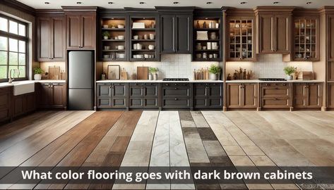 Dark Cabinets Flooring Ideas, Dark Brown Flooring Kitchen, Floors For Dark Cabinets Kitchen, Kitchen Floor With Dark Cabinets, Kitchen With Dark Flooring, Light Hardwood Floors With Dark Cabinets, Kitchens With Dark Brown Cabinets, Flooring For Dark Cabinets, Wood Floors With Dark Cabinets