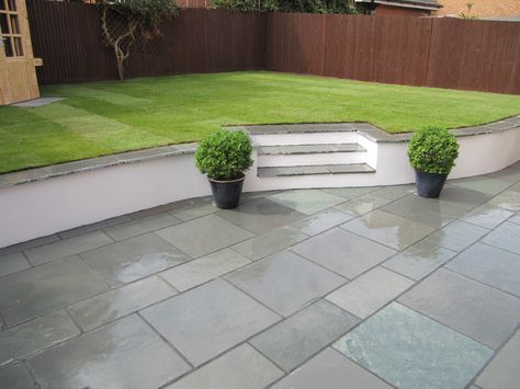 Garden Slabs, Slate Garden, Slate Patio, Garden Wall Designs, Small Yard Landscaping, Garden Tiles, Garden Paving, Back Garden Design, Sloped Garden