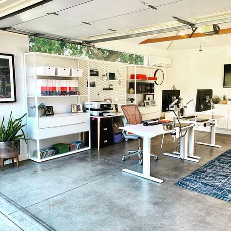 Transform Garage Into Office, Feminine Garage Ideas, Turn Garage Into Office Space, Garage Work Space Ideas, Office Garage Conversion, Studio Garage Ideas, Modern Garage Office, Ladies Garage Ideas, Garage Office Space Ideas