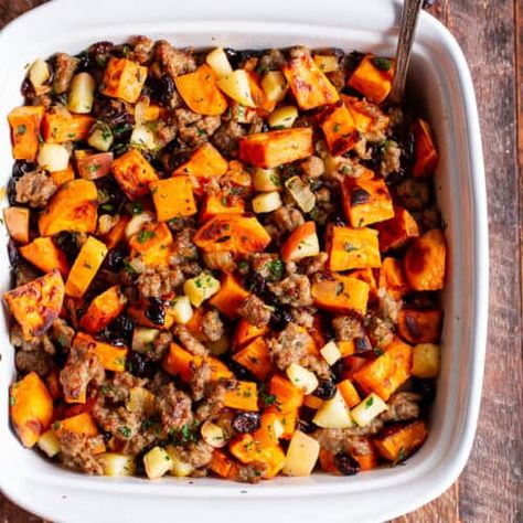 Sweet Potato Stuffing, Paleo Stuffing, Stuffing With Sausage, Whole30 Sweet Potato, Potato Stuffing, Paleo Running Momma, Paleo Thanksgiving, Sweet Potato Waffles, Sausage Roll