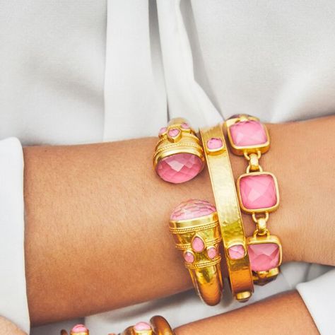 JULIE VOS on Instagram: "Pretty in Pink 💖 How we stack our favorite pink gemstone in #peonypink.  #julievos #armparty #braceletstack #24kgold #popofcolor" Julie Vos Bracelet Stack, Store Inspiration, Julie Vos, Pretty Princess, Arm Party, Stacked Bangles, Pink Gemstones, Gemstone Bracelets, Girls Best Friend