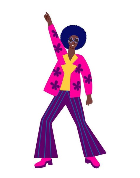 A man dressed in the style of the 90's dancing at a disco. Back to the nineties. Singer Illustration, Disco Illustration, Disco Witch, Dancing Character, Character Shapes, 90s Characters, Disco Christmas, Dancing Drawing, Dancer Drawing