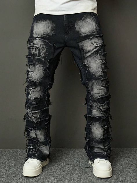 Manfinity EMRG Men Fashionable Vintage Distressed Ripped Jeans | SHEIN UK Black Ripped Jeans Men, Jeans And Jordans, Jordan Concord, Torn Clothes, Shein Clothing, Halloween Idea, Clothes Brand, Torn Jeans, Ripped Jeans Men