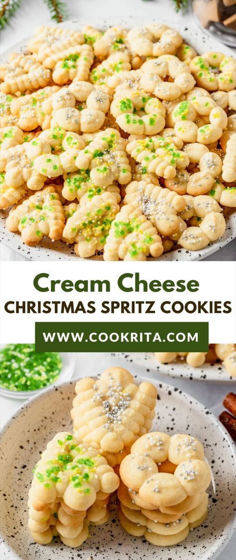 Cream Cheese Christmas spritz cookies Classic Spritz Cookies, Cream Cheese Spritz, Christmas Spritz, Cream Cheese Spritz Cookies, Spritz Cookie Press, Cookie Press Recipes, Christmas Spritz Cookies, Cheese Christmas, Spritz Cookie