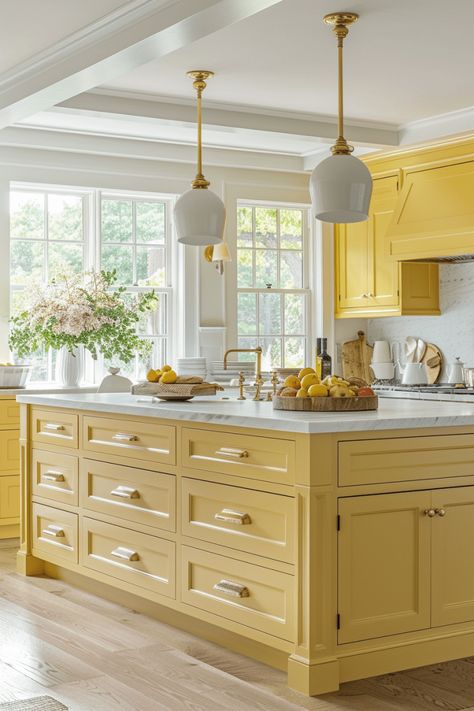 Elevate Your Home with 23+ Inspiring Yellow Kitchen Ideas Bright Yellow Kitchen, Yellow Kitchen Ideas, Yellow Kitchens, Yellow Kitchen Designs, Cabinet Color Ideas, White Upper Cabinets, Vibrant Kitchen, Action Board, Kitchen Cabinet Color Ideas