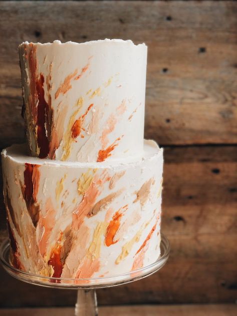 Terra Cotta Cake Wedding, Orange Watercolor Cake, 1 Tier Wedding Cake Terracotta, Buttercream Fall Cakes, 1 Tier Fall Wedding Cake, Birthday Cake Fall Colors, Boho Terracotta Wedding Cake, Wedding Cake Designs Fall, Wedding Cakes Terracotta