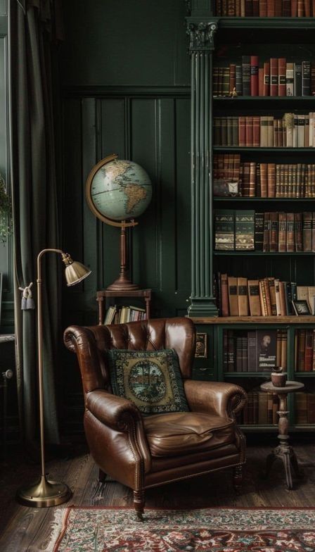 Dark Green Home Office Ideas, Moody Green Study, Dark Green Office Aesthetic, Dark Green Study Room, Dark Cottagecore Office, Dark Moody Rooms, Green Office Room, Dark Green Library, Dark Academia Home Library