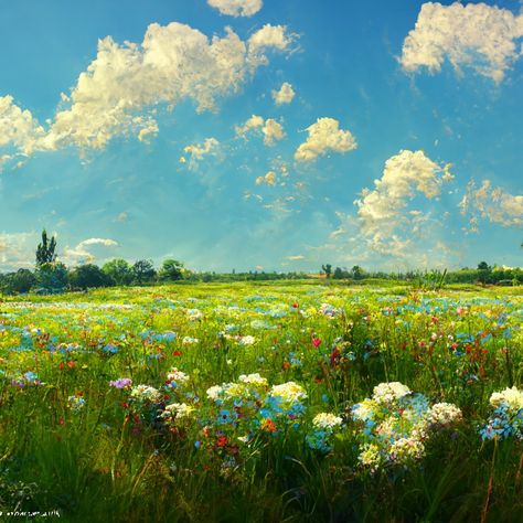 Painting Fields Landscapes, Painting Flowers Field, Painted Field Of Flowers, Grassy Field Drawing, Flower Field Landscape Painting, Flower Fields Drawing, Colorful Scenery Painting, Flower Field Mural, Acrylic Field Painting