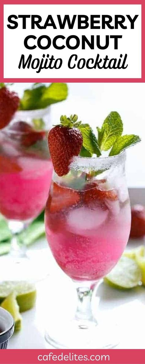 Strawberry Coconut Mojito, Strawberry Coconut Mocktail, Pink Coconut Mojito, Coconut Milk Drink, Coconut Rum Drinks, Mojito Drink, Coconut Mojito, Low Carb Cocktails, Strawberry Mojito