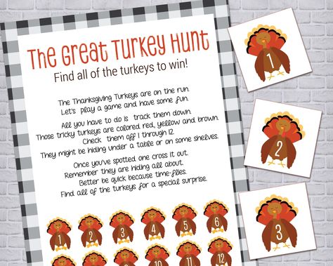 Thanksgiving Scavenger Hunt, Thanksgiving Treasure Hunt, Thanksgiving Printable, Turkey Hunt Game, Thanksgiving Game for Kids DIGITAL FILE Before Thanksgiving dinner, get up and hunt around for 12 turkeys on the run! Kids and grown-ups alike will enjoy this fun turkey scavenger hunt where they need to find 12 hidden turkeys around the house and/or outside. Be the first person to find all 12 turkeys and win!  Play it as many times as you want. For lots of laughs and added family fun, add a rule t Turkey Hunt Game, Turkey Games, Turkey Hunt, Thanksgiving Scavenger Hunt, Class Crafts, Thanksgiving Games For Kids, Christmas Treat Bags, Holiday Games, Thanksgiving Traditions