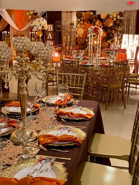 Orange Gold And Cream Party, Orange And Gold Party Decorations, Orange Brown Wedding Theme, Melanin Wedding Decor, Orange Color Palettes Wedding, Burnt Orange Themed Wedding, Orange And Gold Decorations, Orange Sweet 16 Party Ideas, Brown Dinner Party Decor