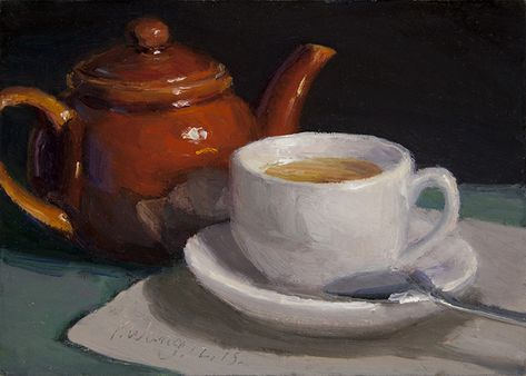 Wang Fine Art: tea and teapot original still life oil painting ... Still Life Oil Painting Fine Art, Tea Pot Still Life, Tea Oil Painting, Tea Pot Painting, Tea Still Life, Teapot Painting, Painting Techniques Canvas, Tea Cup Art, Simple Oil Painting