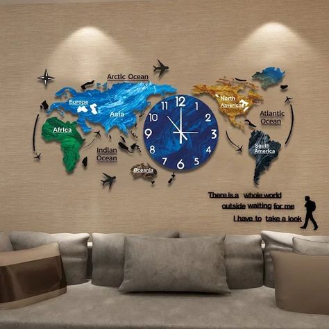 Wall Clock Diy, Clock Diy, 3d Wall Clock, Acrylic Wall Clock, Large Wall Hanging, Diy Wall Clock, Diy Clock Wall, Hanging Clock, World Map Wall