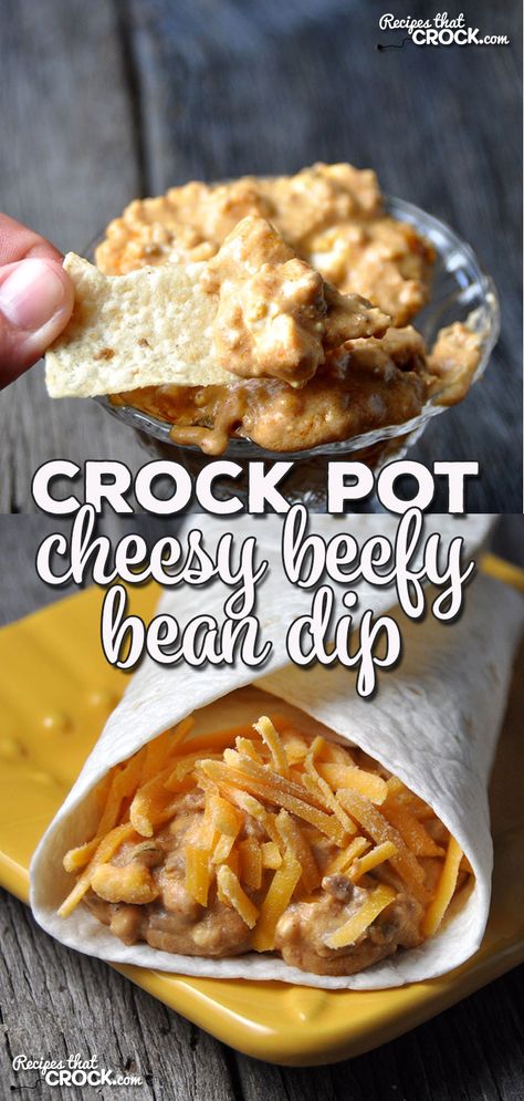 This Crock Pot Cheesy Beefy Bean Dip is super simple and can double as a dip or burrito filling! Your friends and family will be asking for this yummy recipe for sure! Family Drinking Games, Nacho Ideas, Gf Appetizers, Burrito Filling, Crockpot Mexican, Dip Ideas, Beans In Crockpot, Dips Recipes, Bean Dip Recipes