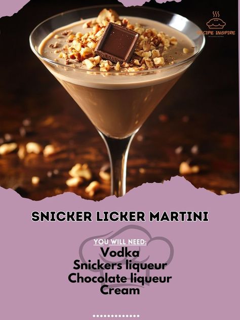 Vodka 1.5 oz\nSnickers liqueur 1 oz\nChocolate liqueur 0.5 oz\nCream 1 oz\nIce as needed\nCrushed nuts for garnish\nShake vodka, Snickers liqueur, chocolate liqueur, and cream with ice.\nStrain into a chilled martini glass.\nGarnish with crushed nuts.\nEnjoy the sweet, nutty flavor.\n#SweetCocktails #MartiniLovers #CocktailTreats Glass Garnish, Sweet Cocktails, Chocolate Liqueur, Sweet Snacks Recipes, Snacks Recipes, Martini Glass, Sweet Snacks, Liqueur, Martini