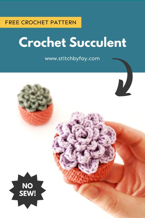 Add a touch of nature to your home with this no-sew crochet succulent pattern. These little succulents look darling sitting on a desk or shelf - add a hanging loop and it would make a cute car plant hanger too. This is a quick and easy pattern making it perfect for markets and gifts. Crochet Car Hanging Pattern Free, Crochet For Desk, Crochet Car Plant Hanger Pattern Free, Crochet Car Hanger Free Pattern, Crochet Desk Decor, Crochet Plant Hanger For Car, Crochet Hanging Plant, Crochet Car Succulent Pattern, Mini Hanging Plant Crochet Pattern Free