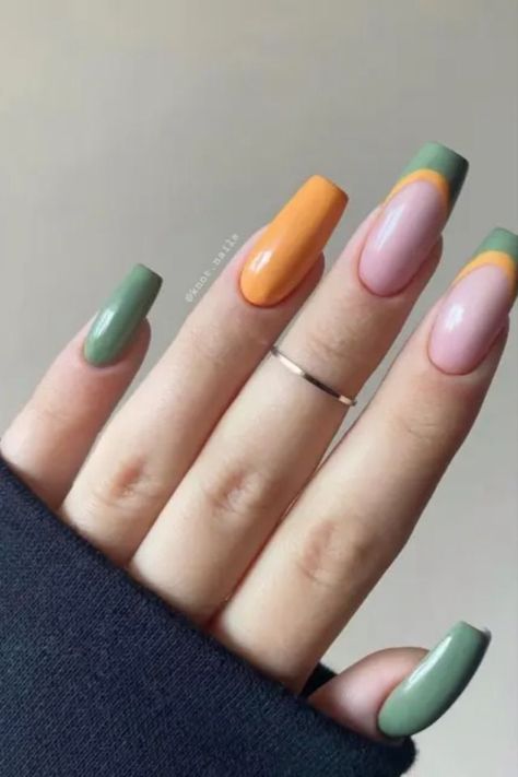 Green And Orange French Tip Nails, Orange Green Yellow Nails, Burnt Orange And Sage Green Nails, Fall Nails Orange And Green, Sage Green And Orange Nails, Green And Orange Nail Designs, Orange And Green Nail Designs, Nails Green Orange, Green Orange Nails