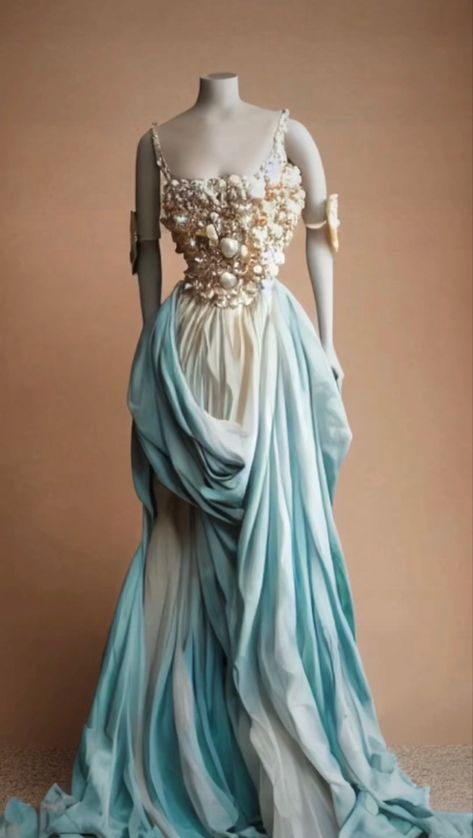 Summer Court Acotar Outfits, Sea Fantasy Outfit, Ocean Inspired Fashion Haute Couture, Acotar Summer Court Dress, Summer Court Fashion Acotar, Ocean Inspired Costume, Ocean Themed Ballgown, Dresses Inspired By Water, Dress Inspired By Water