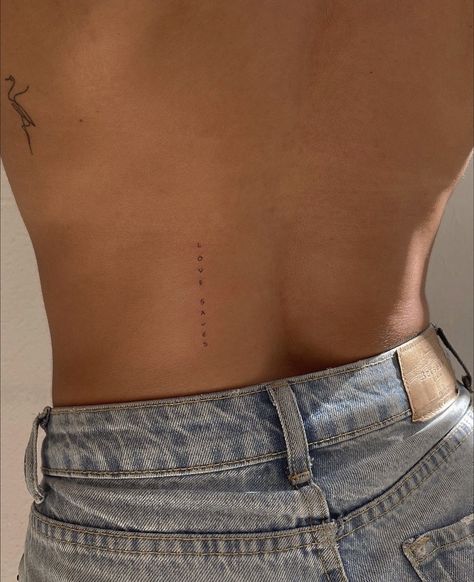 Tattoo Saying Placement Ideas, Minimal Tattoo Placement, Amore Back Tattoo, Almost There Tattoo, Side Of Back Tattoo, 444 Tattoo Hip, Places For Tattoos On Women Hidden, Short Spine Tattoo, Back Minimalist Tattoo Women