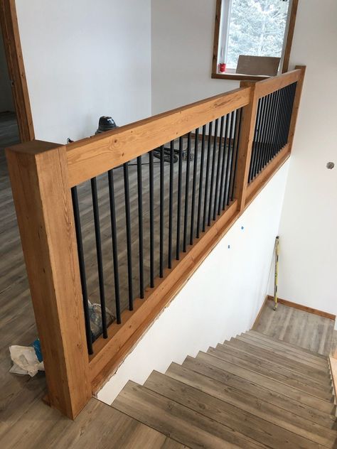 Rustic Stairway Ideas, Balcony Railing Design Indoor, Painted Farmhouse Stairs, Diy Loft Railing Ideas, Loft Railing Ideas Rustic Cabin, Cheap Stairs Ideas, Wainscoting Basement Ideas, Basement Stair Banister Ideas, Interior Railing Ideas Half Walls