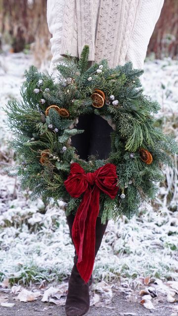 Bow For Front Door, Velvet Ribbon On Wreath, Christmas Bow Door, Wreath With Velvet Ribbon, Velvet Ribbon Wreath, Lauren Mcdermott, Giant Christmas Wreath, Giant Wreath, Giants Wreath