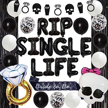 Goth Bachelorette Party Ideas, Rip Single Life Bachelorette, Gothic Bachelorette Party, Gothic Bachelorette, Skull Garland, Black Bachelorette Party, Black Bachelorette, Bachelorette Party Decoration, Bachelorette Balloons