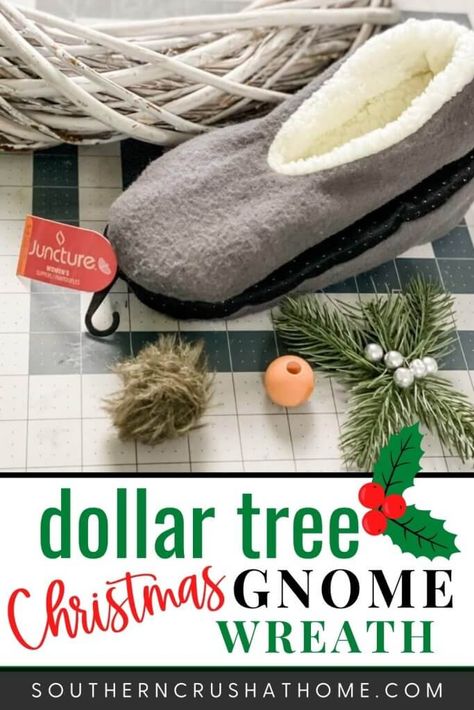 dollar tree slippers greenery wooden bead wreath Dollar Tree Slipper Gnome, Diy Christmas Gnome Door Wreath, Thanksgiving Gnomes Diy How To Make, Diy Gnome Christmas Tree, Gnome Wreath Diy, Gnome Christmas Wreath, Christmas Gnome Wreath, Door For Christmas, Christmas Knomes