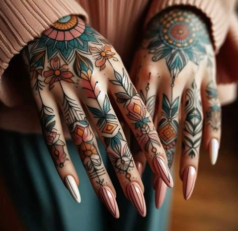 Half Black Half Color Tattoo, Full Leg Tattoo Female Black, European Traditional Tattoo, Fully Tattooed Women, Quilt Tattoo Ideas, Feminine Chest Tattoo For Women, Nautical Tattoo Ideas, Traditional Hand Tattoo, Hand And Finger Tattoos