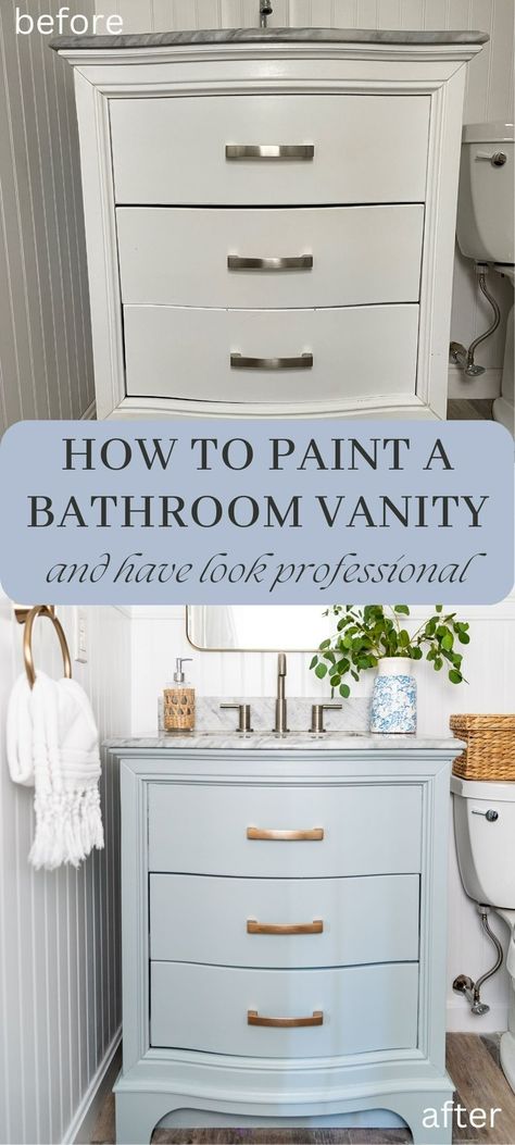 Learn how easy it is to give a bathroom vanity a makeover with the right type of paint! Old Bathroom Vanity, Painting Bathroom Vanity, Painted Vanities, Bathroom Decor Elegant, Mens Bathroom Decor, Bathroom Decor Guest, Apartment Bathroom Decor Ideas, Bathroom Decor On A Budget, Best Paint For Kitchen