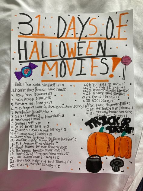 31 Days Of Halloween Movies Scary, 31 Days Of October Challenge, How To Get In The Halloween Spirit, Movie Night Ideas Halloween, Fun Things To Do Halloween, Halloween Fun Things To Do, October Movie List 31 Days, Halloween Movies List 31 Days, 31 Movies For Halloween