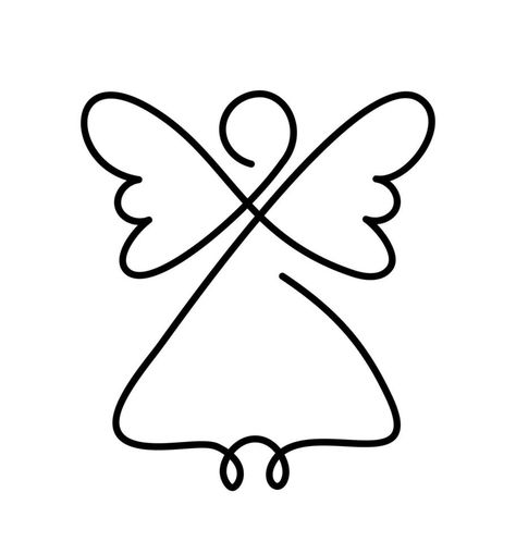 Simple vector Christmas angel with wings, continuous line drawing, small tattoo, print for clothes and logo design, emblem or silhouette one single line, isolated abstract illustration Christmas Angel Tattoo, Single Line Art Christmas, Wire Knitting Christmas, Continuous Line Drawing Christmas, Simple Wire Art, One Line Christmas Drawing, Angel Art Drawing Simple, Christmas Wire Art, Line Art Drawings Simple